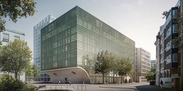 Visualisierung des Neubaus für das Departement Biomedizin, Ansicht von der Metzerstrasse. (Rendering: Burckhardt+Partner)