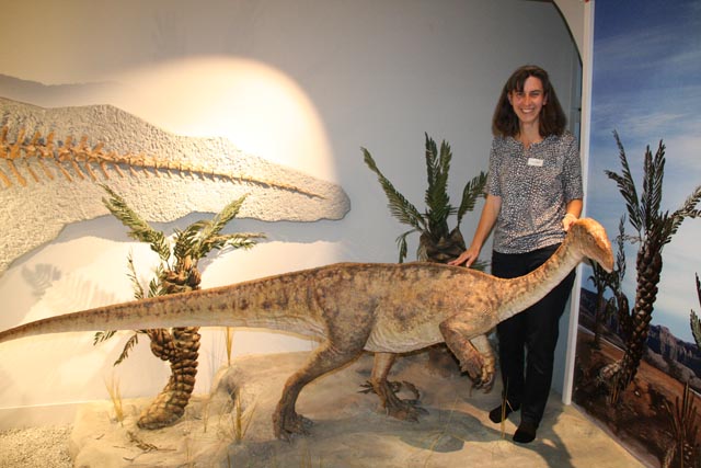Museumsleiterin Andrea Oettl mit der neuen Abbildung eines jungen Plateosuriers im Sauriermuseum Frick. Foto: Peter Schütz