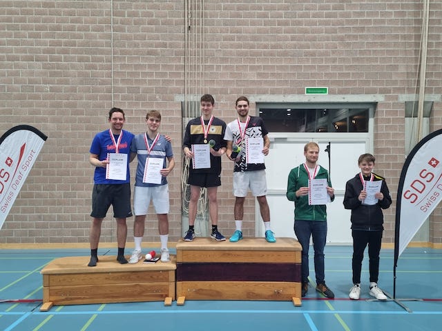 Siegerehrung Herren Doppel: 1. Danny Müller/Calvin Rohrer, 2. Marvin Müller/Philipp Steiner, 3. Timon Nyfeler/Zeno Baldegger. Foto: zVg