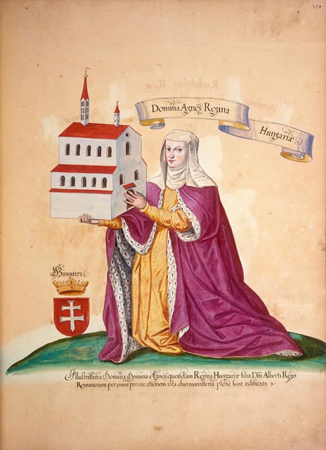 Königin Agnes von Habsburg, deren Mutter das Kloster Königsfelden stiftete. Agnes lebte die letzten 50 Jahre ihres langen Lebens in Königsfelden. Sie erwarb 1363 umfangreiche Güter in Birmenstorf und schenkte sie dem Kloster. Foto: Copyright Clemens Jäger, Ehrenspiegel des Hauses Österreich, Innsbruck: 1589-1599. Österreichische Nationalbibliothek, Cod. 8614*, fol. 234r.