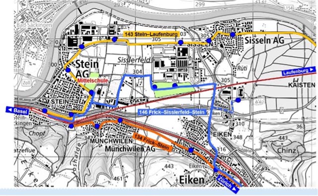 Planskizze: neue Linie 146 für die zukünftige Erschliessung von DSM und Bachem via Südspange und Anbindung der Mittelschule Stein an den öffentlichen Verkehr. Quelle: Departement Bau, Verkehr und Umwelt