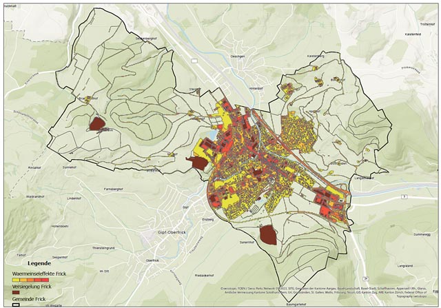 Eine Karte, welche die Wärmeinseleffekte in Frick zeigt. Die braunen Flächen bedeuten Versiegelung, hellgelb bis dunkelrot den Wärmeinseleffekt. Gelb ist dabei die kleinste Abstufung, also zwischen 0 und 1°K Erwärmung, je dunkler die Fläche wird, desto grösser ist die lokale Erwärmung. Grafik: zVg