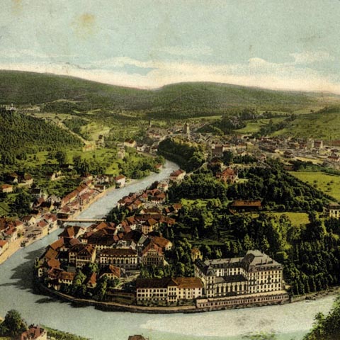 Die Geschichte der Badener Bäder ist wechselvoll. Stadtansicht um 1900 auf einer Postkarte. Bildnachweis/Copyright: Privatbesitz, A. Schaer