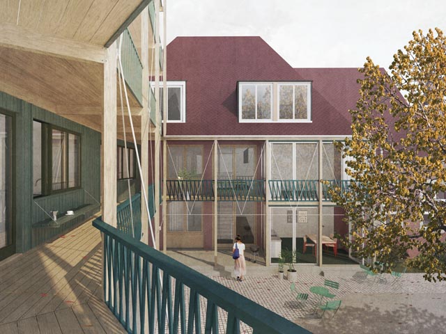 Über einen gemeinsamen Laubengang wird der Hauptbau mit dem Neubau verbunden; die Visualisierung gewährt einen Blick in den Innenhof vom Laubengang des Neubaus. Foto: zVg