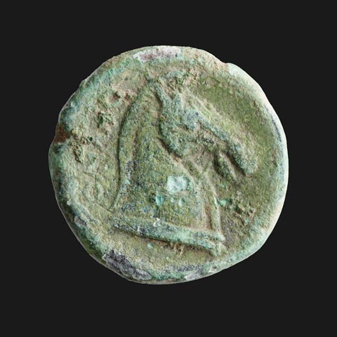 Bronzemünze aus dem 3. Jh. v. Chr. – Rückseite mit Pferdekopf. Foto: ©Augusta Raurica 