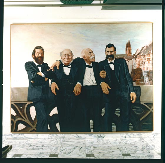 Johannes Grützke: A. Böcklin, J. J. Bachofen, J. Burckhardt und F. Nietzsche auf der Mittleren Rheinbrücke in Basel, 1970, Öl auf Leinwand, 253x331 cm, Reproduktion (Öffentliche Kunstsammlung Basel). Foto: © Foto Hoffmann