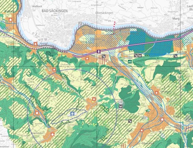 Ausschnitt aus dem kantonalen Richtplan mit Vororientierung neuer Rheinübergang Sisseln (rot gepunktet). Foto: zVg