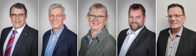 Hängen eine weitere Amtsperiode an: Gemeindeammann Roger Fricker, Vizeammann Heinz Herzog, Susanne Häfliger-Stäuble, Christof Reimann und Jürg Renold (von links). Fotos: zVg