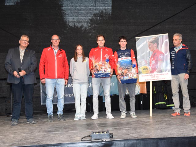 Von links: Gemeinderat René Leuenberger, Lukas Zumsteg, Alissa Pflugshaupt, Cyrill Steinacher, Jan Huber und Theo Obrist (mit Bild von Lea Huber). Foto: Jörg Wägli