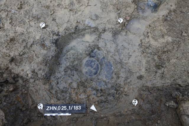 In der Mitte des Fotos ist der runde Boden des schwarzen Topfs zu erkennen. Er stammt aus der Zeit um 1350 v. Chr. und war ein Stück in die Erde eingegraben worden. Das Wasser drückt ständig von unten nach und macht das Ausgraben sehr mühsam. Die Messpunkte dienen dazu, das Foto genau zu verorten und zu entzerren.Foto: © Kantonsarchäologie Aargau 